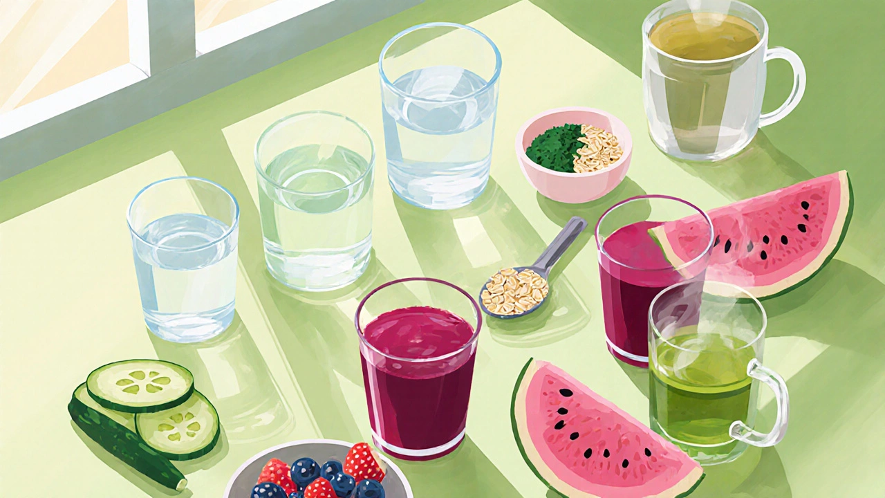 Barevné zdravé potraviny a nápoje na kuchyňském stole pro detoxikaci.