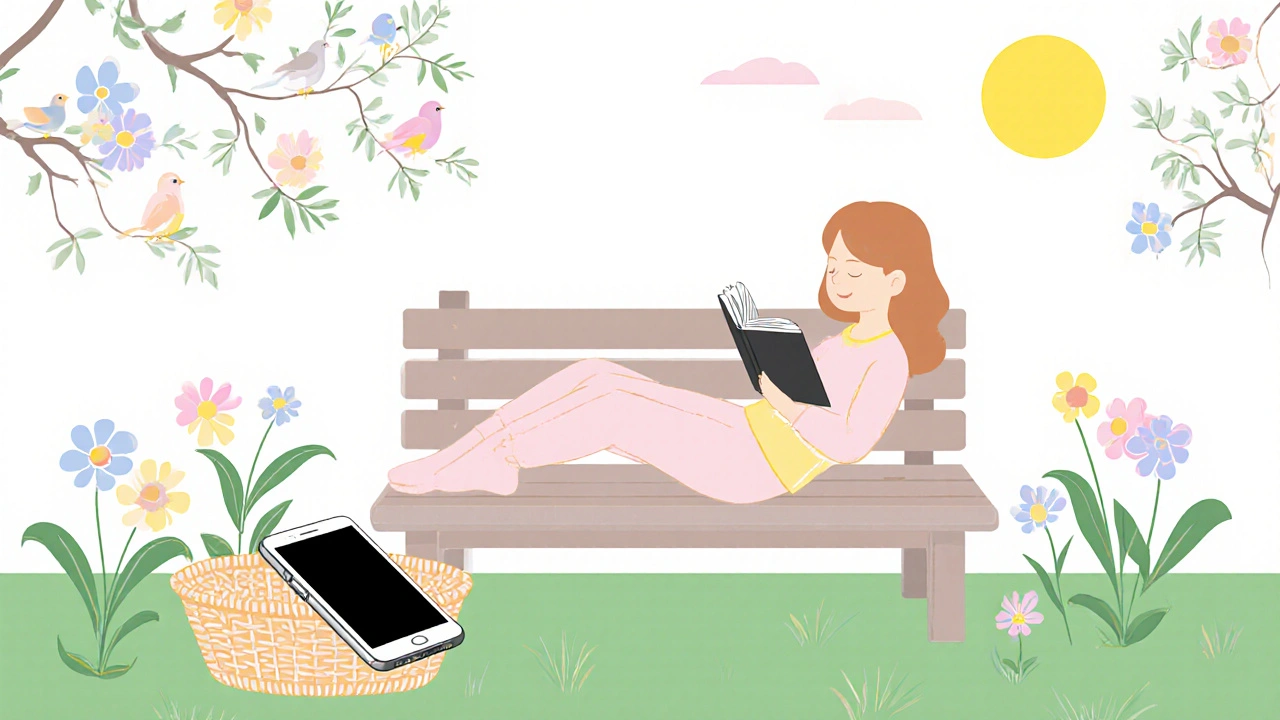 Člověk čte tištěnou knihu na slunné zahradě, telefon leží v košíku, kolem květiny a ptáci.