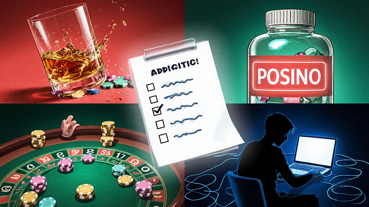 Čtyři obrazy zobrazují alkohol, drogy, hazard a internet s fyzickými a psychickými příznaky.