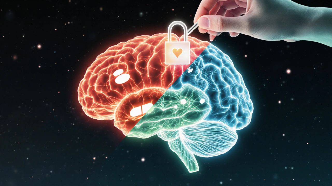 Lidský mozek rozdělený na dvě části: jedna chaos závislosti, druhá klid a obnova, za ním klíč v srdci.