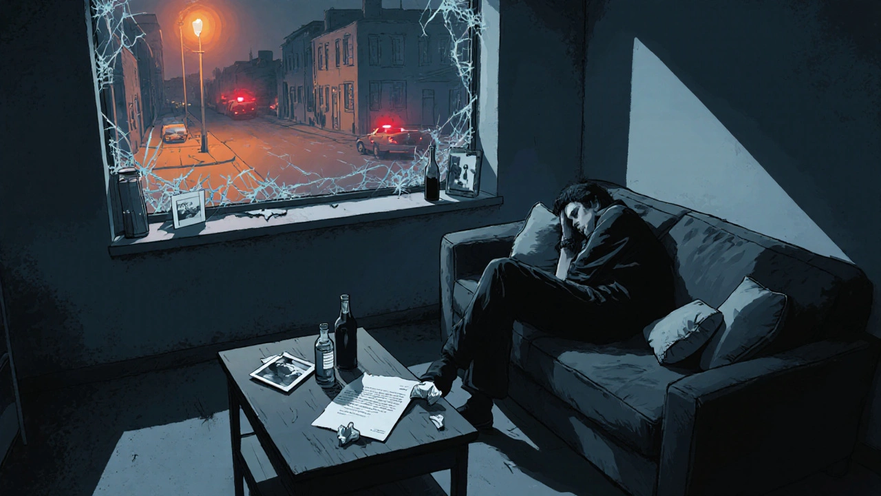 Osamělá postava v rozpadlém bytě, obklopena léky, rozbitémi vztahy a policejními světly.