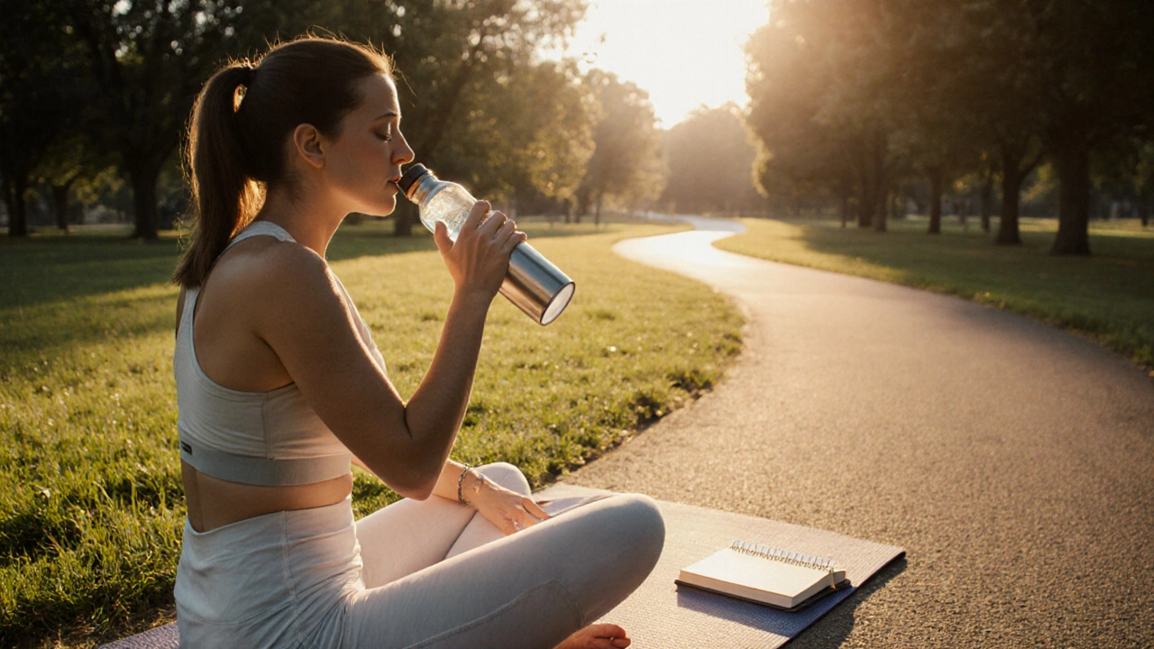 Osoba cvičící jógu a pijící vodu při východu slunce během detoxikačního plánu.
