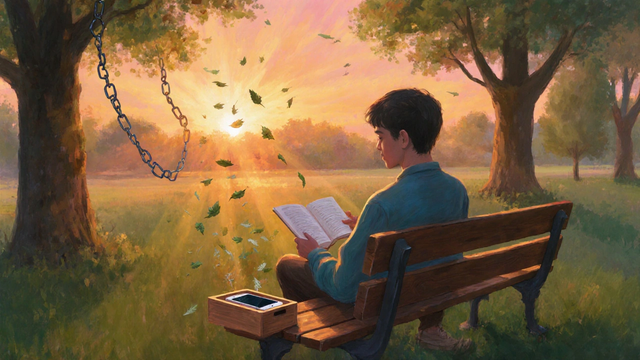 Osoba na lavičce s uzavřeným telefonem čte knihu při východu slunce.