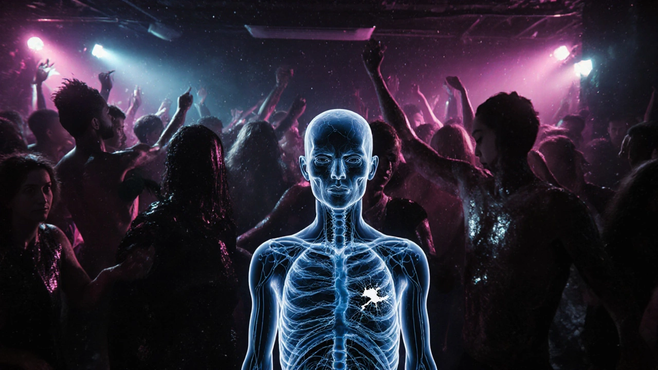 Osoba v tanečním prostředí s průhlednou kůží ukazující prázdné neuronové spojení.