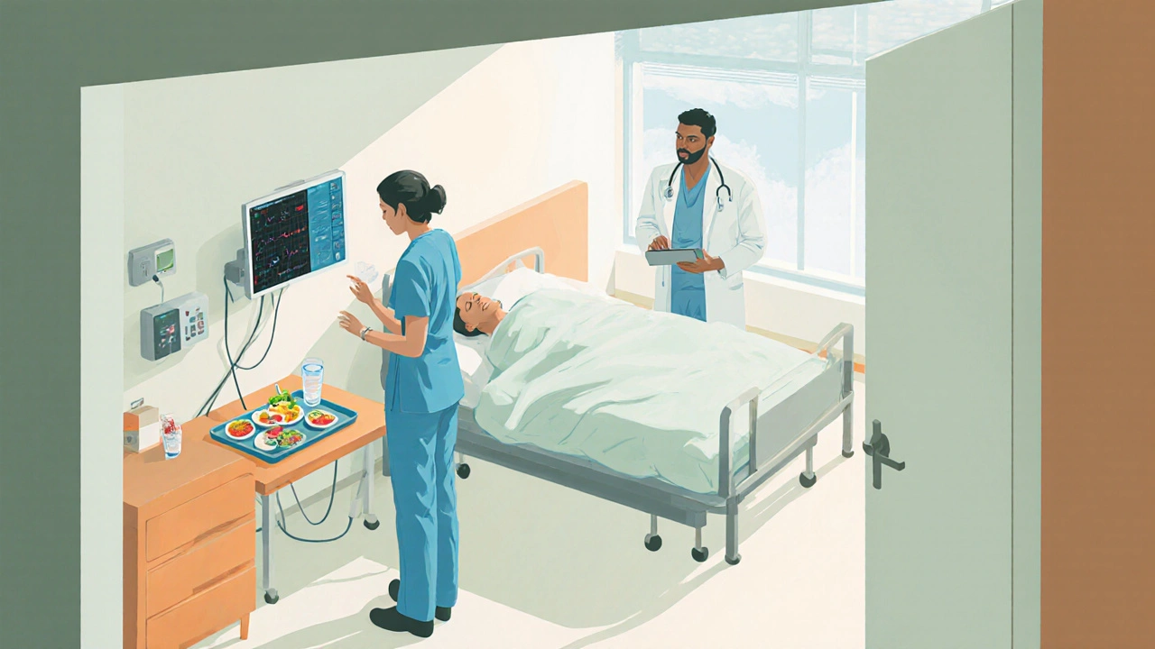 Pacient na pohodlné lůžko v moderní detoxikační klinice, kolem něj lékaři kontrolují vitální funkce.
