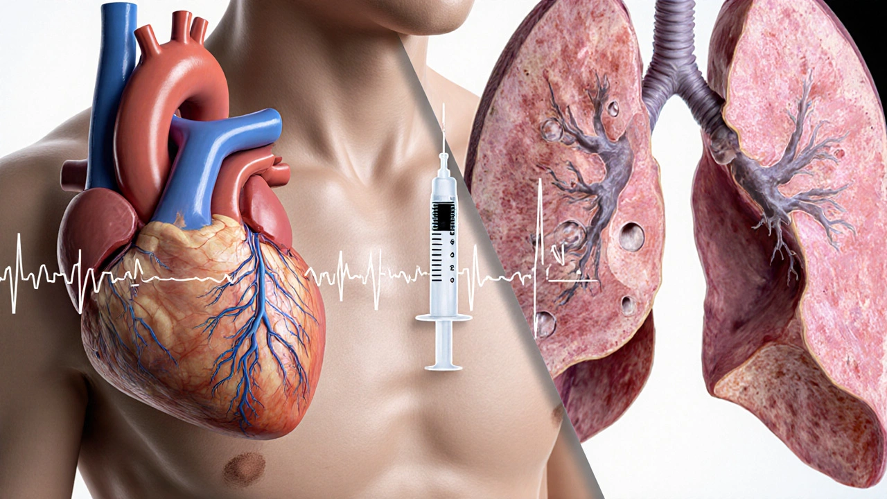 Poškořené srdce, játra s tukovou infiltrací a plíce s emphýzemem ve zdravotnickém stylu.