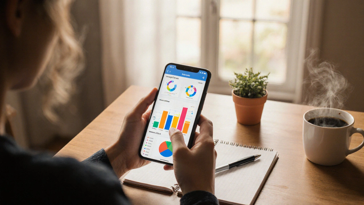 Postava sedí u stolu, kontroluje data o čase používání na telefonu, vedle papírový seznam, v měkkém denním světle.