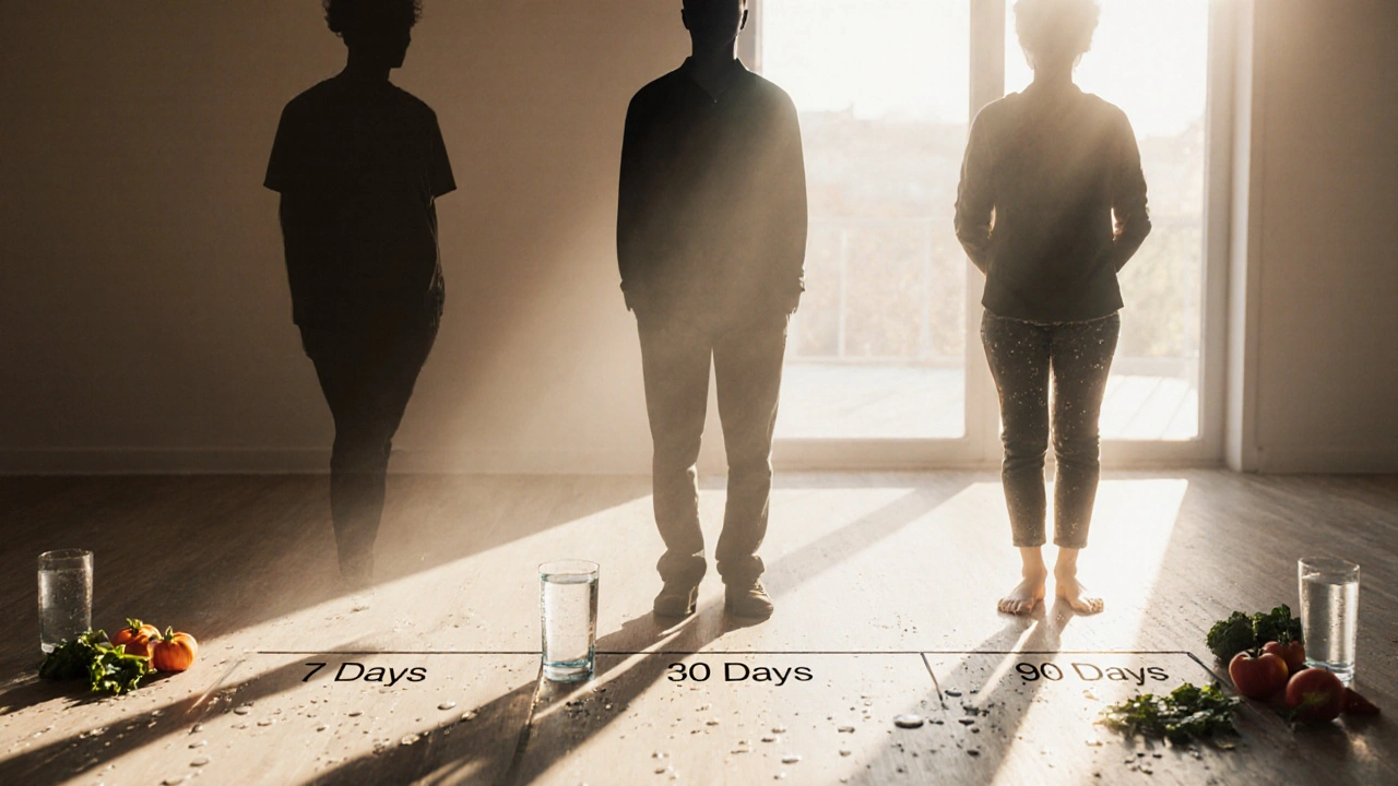 Postava v průběhu uzdravení — od zkresleného stínu k živému, zdravému tělu s časovou osou obnovy.