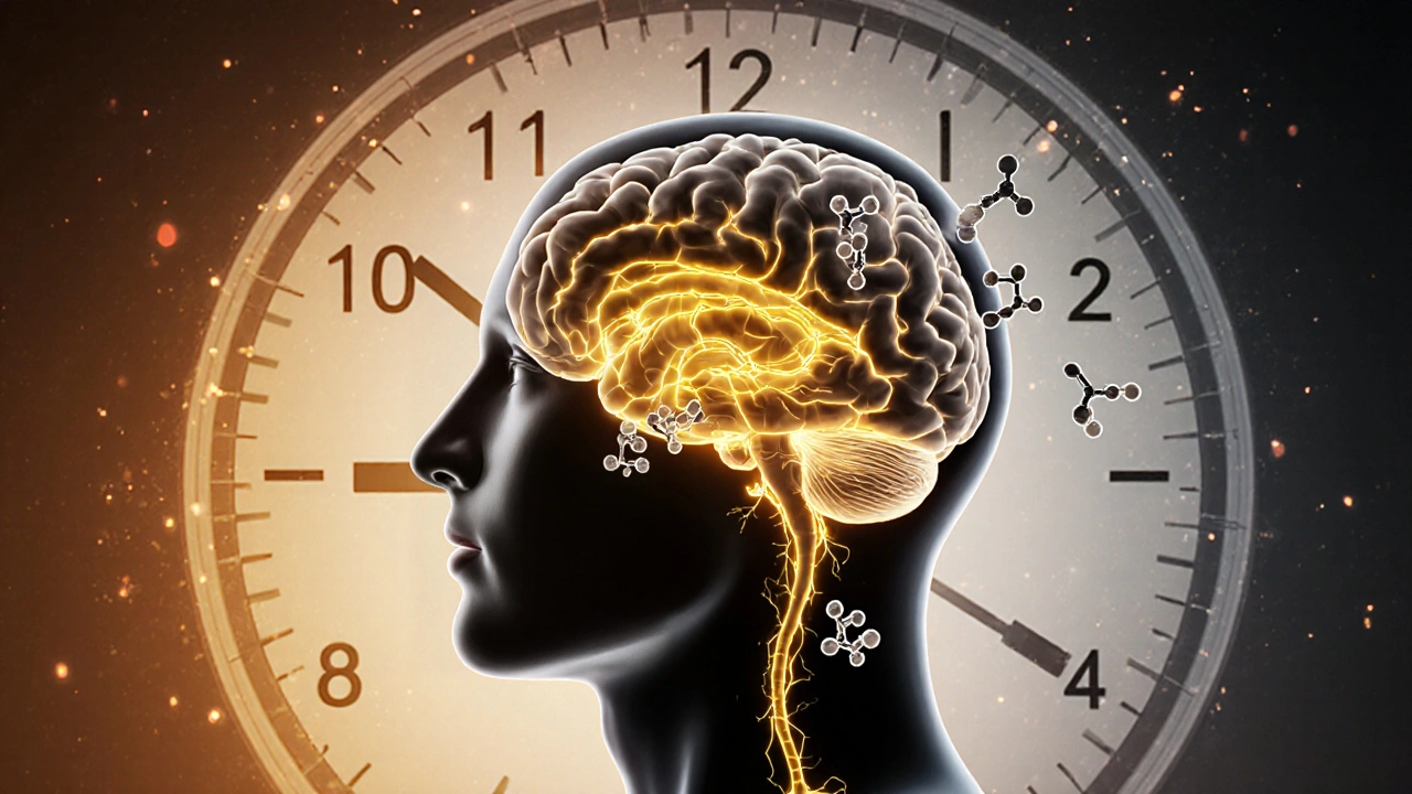 Průřez lidského mozku s vybledlými cestami serotoninu a molekulami MDMA.