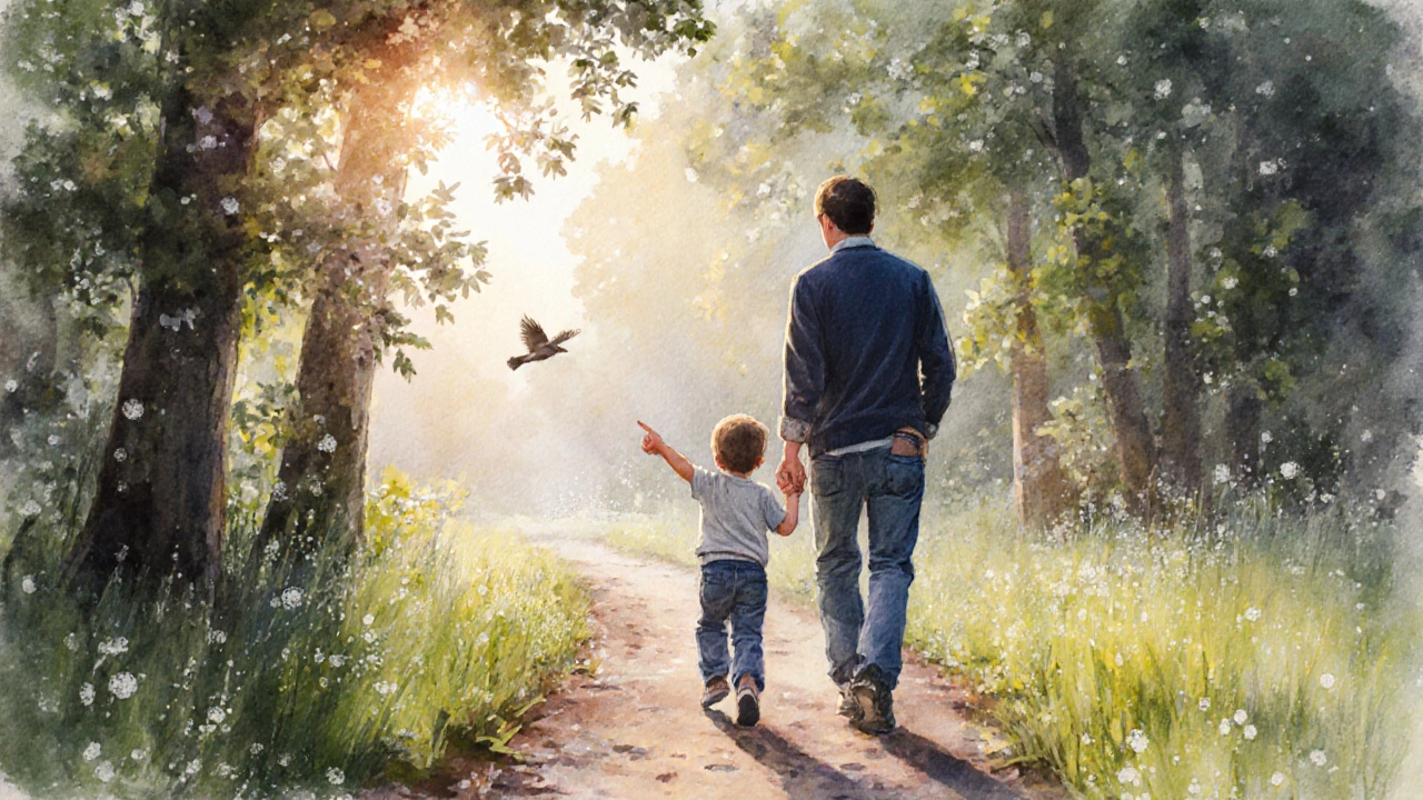 Rodič a dítě se procházejí lesem na ranním slunci, ukazují na ptáka, telefony jsou schované.