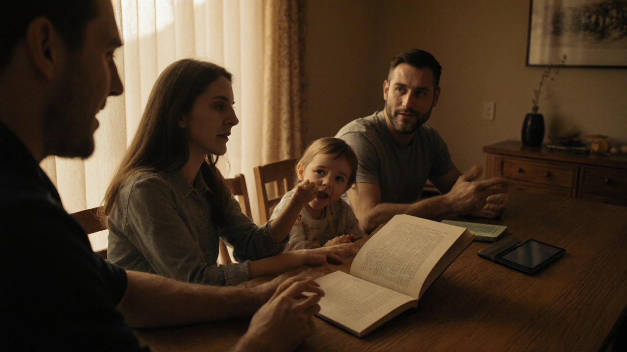 Rodina spolu v klidu čte knihu při večeři, bez zařízení, v teplém světle večera.
