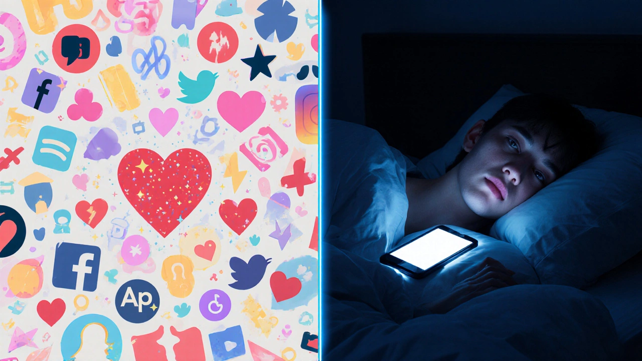 Rozdělená scéna: sociální média odvádějí dopamin, noční postel s telefonem ruší spánek.
