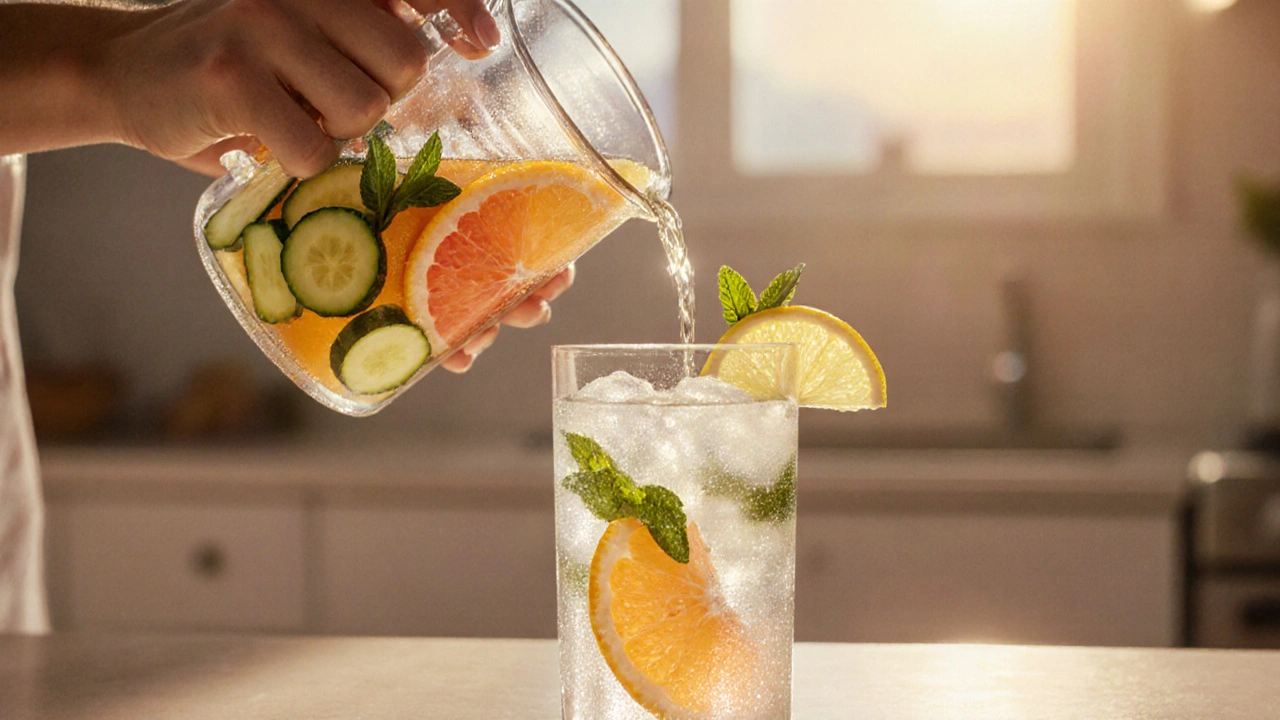 Ruce připravují letní citrusový mocktail s pomerančem, grepem, okurkou a mátou.
