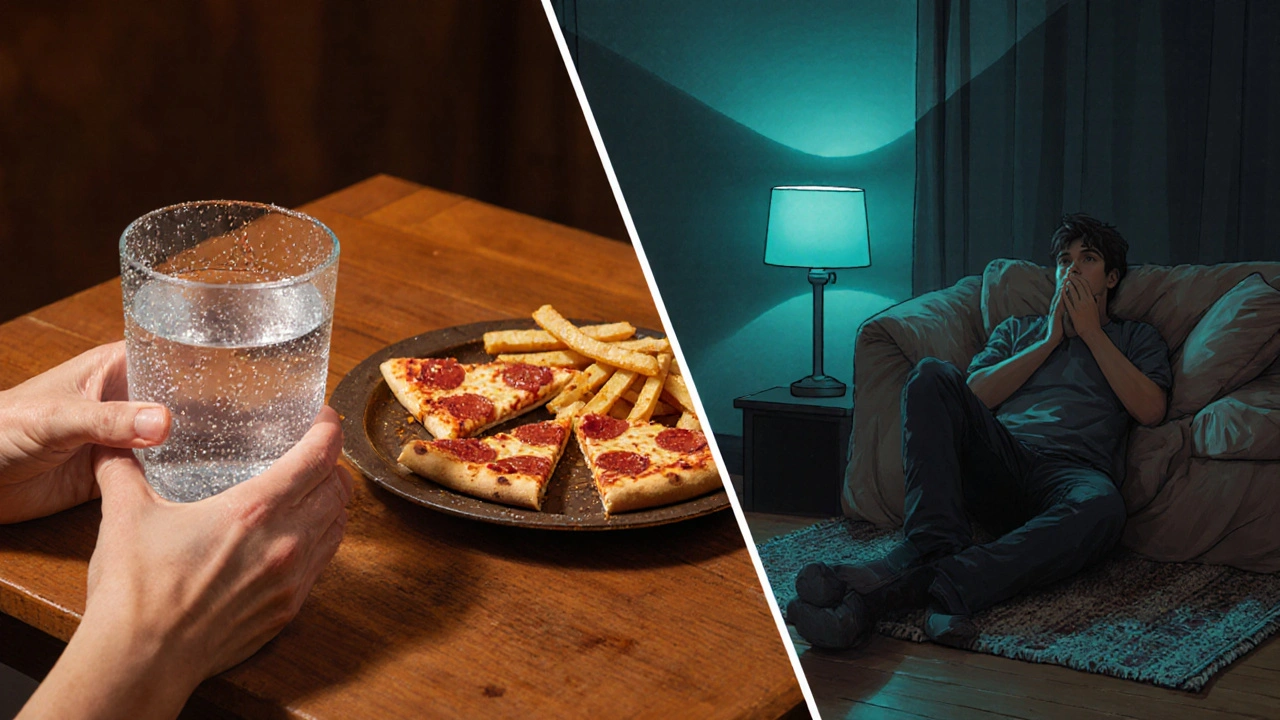 Sklenice vody, talíř s tučnou pizzou a osoba sedící na koberci, pomalu dýchá.