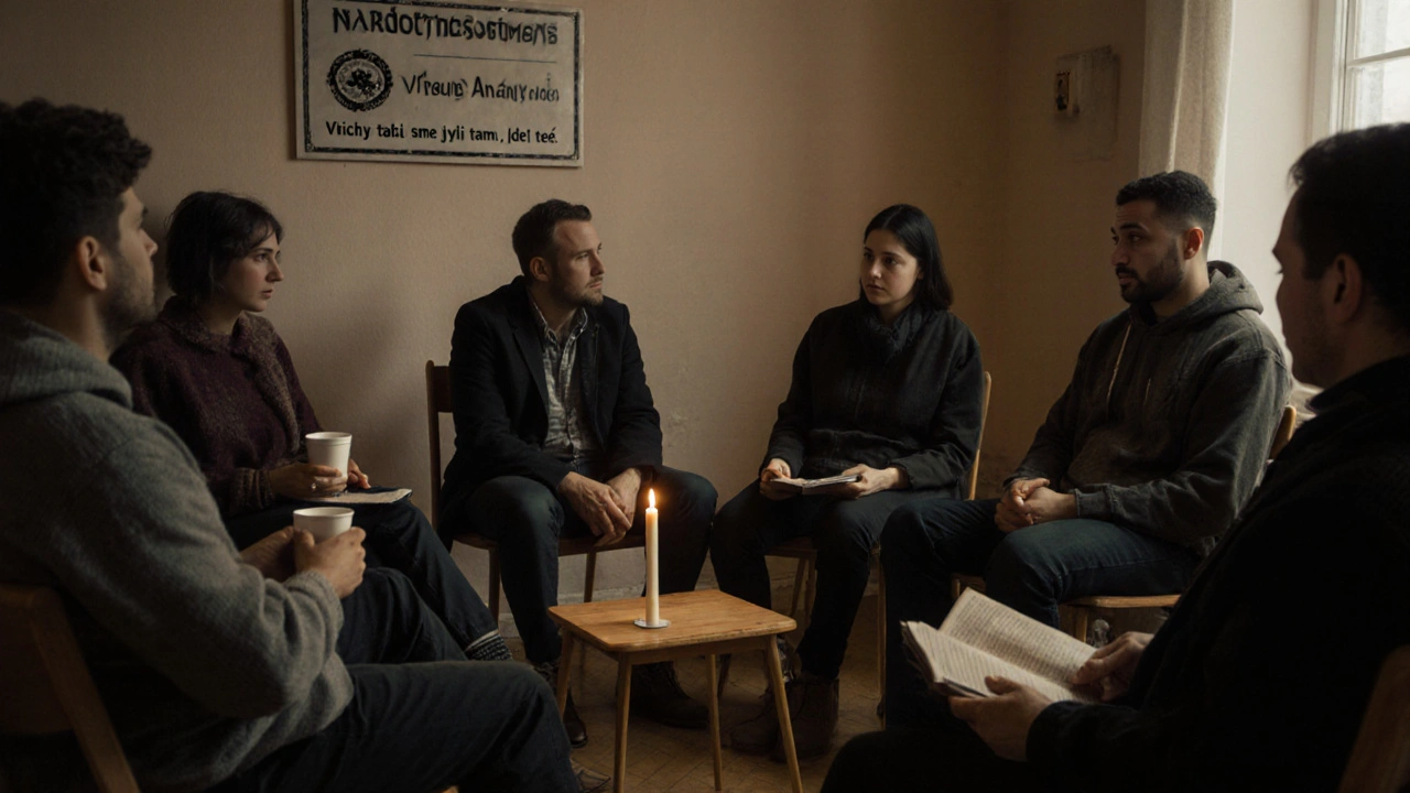 Skupina lidí v kruhu na terapii, tiše poslouchají, ve středu svíčka, v pozadí nápis Narcotics Anonymous.