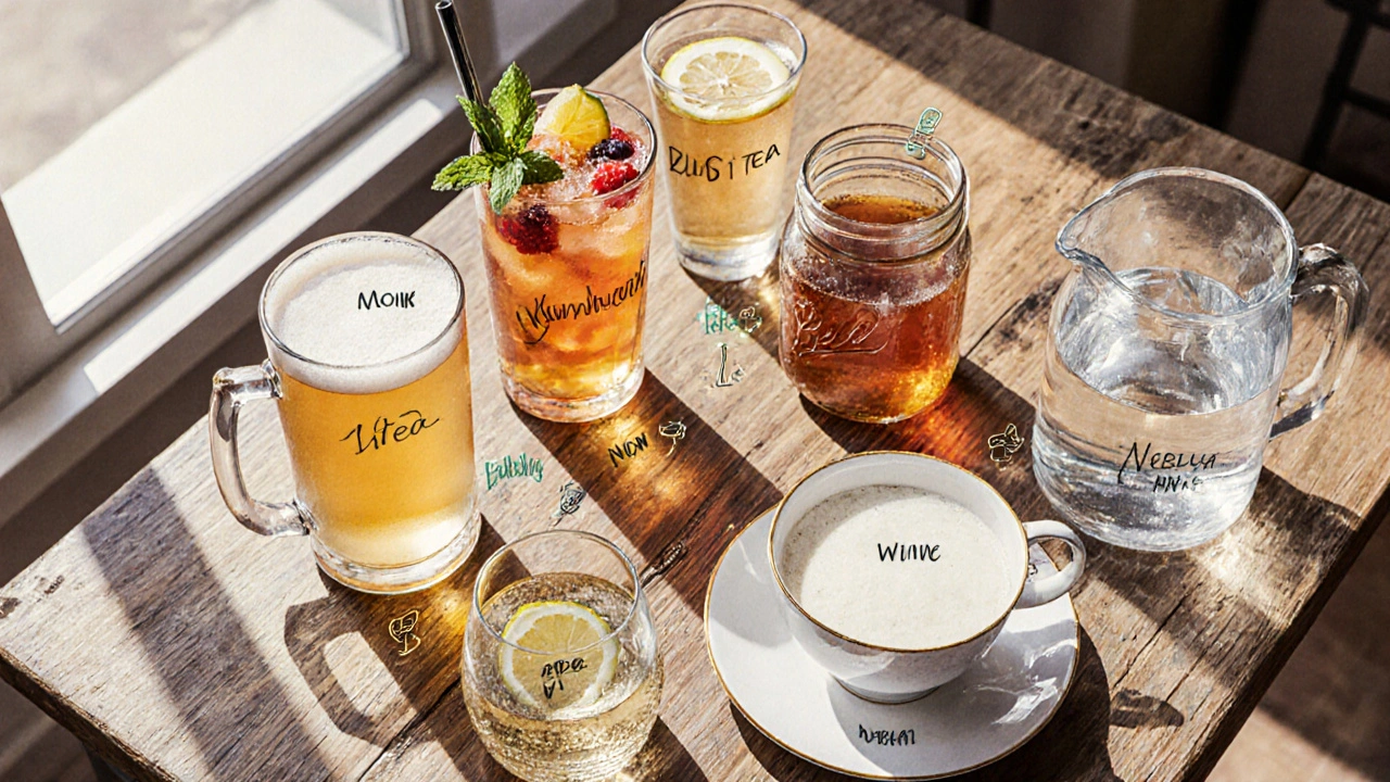 Stůl s výběrem nealkoholických nápojů: pivo, mocktail, kombucha, čaj, víno, cider, citronová voda.