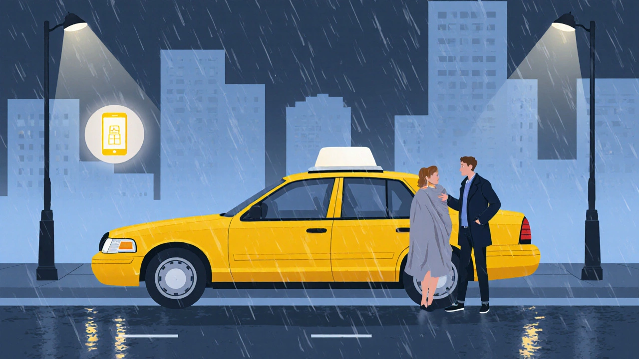 Taxi s rozsvíceným kokpitem, přátelský přítel pomáhá opilému, městská noc s deštěm.