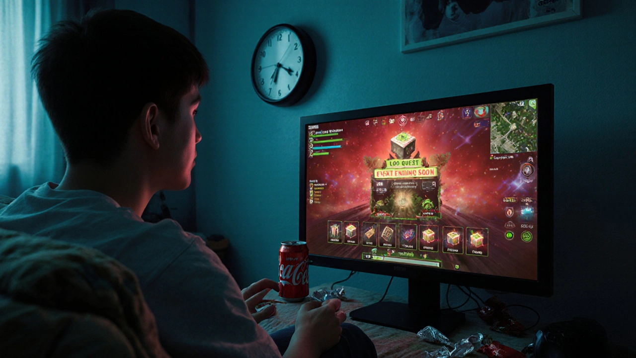 Teenager hraje pozdě v místnosti s UI loot boxů a časem 2 AM.