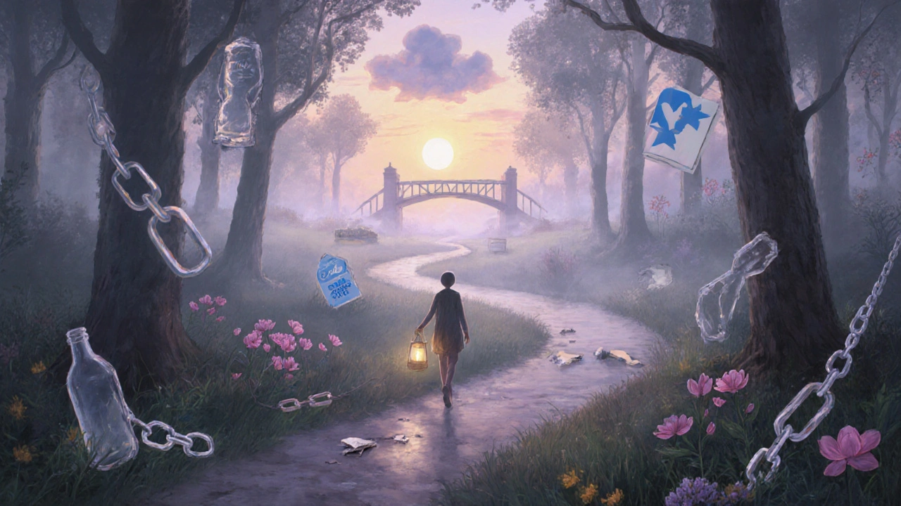 Cesta skrz les při východu slunce, symbolizující uzdravení závislosti s výzvou k novému životu.