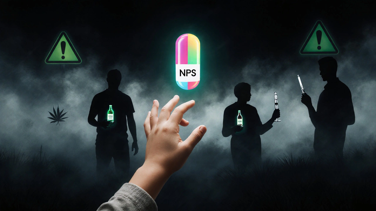 Child&#039;s hand reaching for glowing pill labeled &#039;NPS&#039; in dark void, shadowy figures of addicts in background.