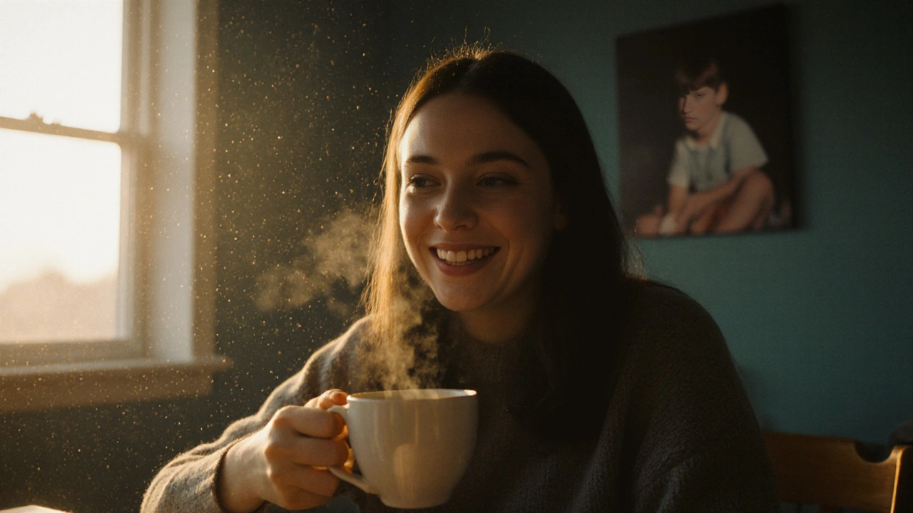 Člověk pije kávu v kuchyni při západu slunce, na zdi fotografie dítěte, klidná atmosféra.