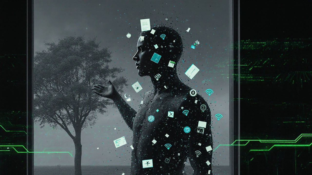 Člověk se rozpadá na digitální prvky, zatímco jedna ruka táhne k přirozenému světu.