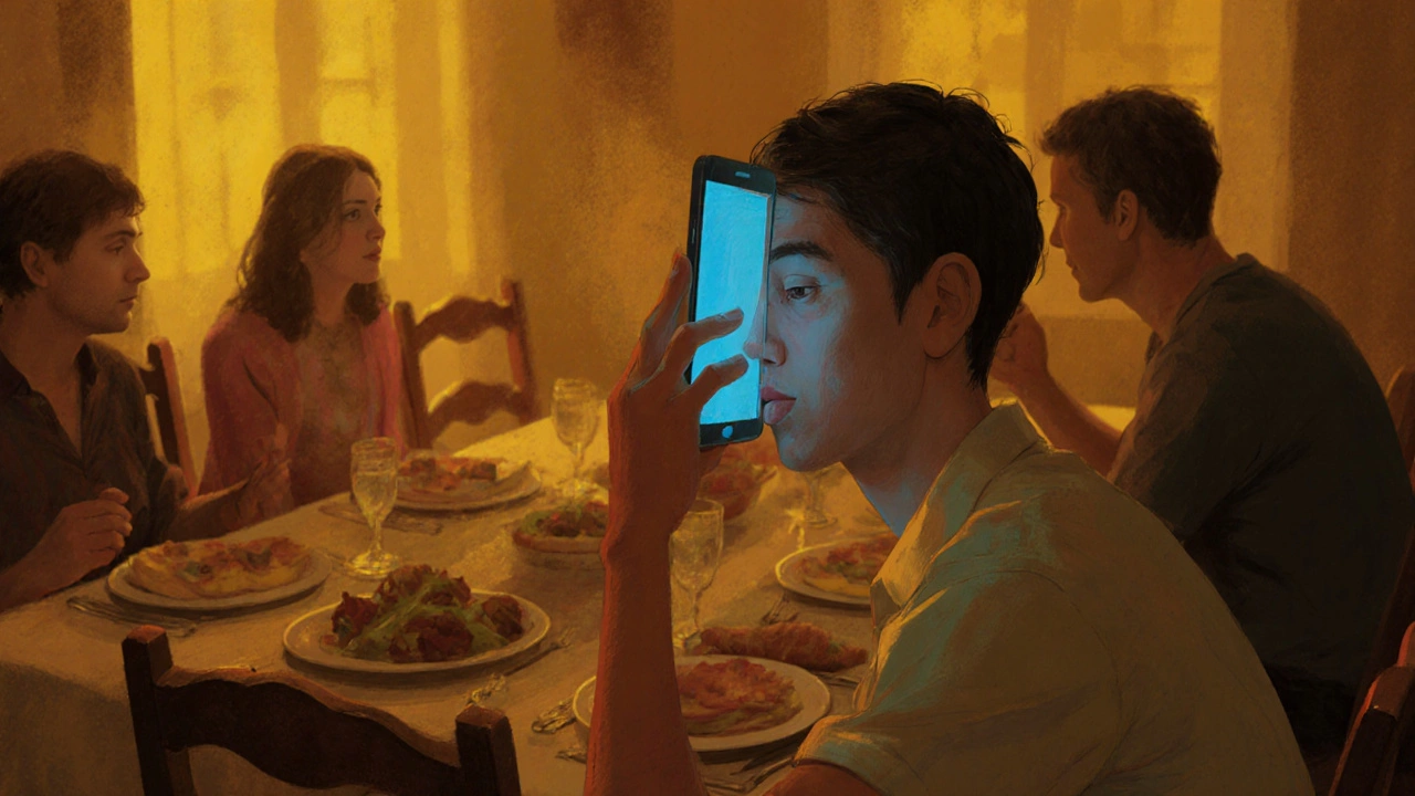 Člověk sedí u večeře s rodinou, ale dívá se na telefon, zatímco ostatní mluví – izolace v prostředí blízkosti.