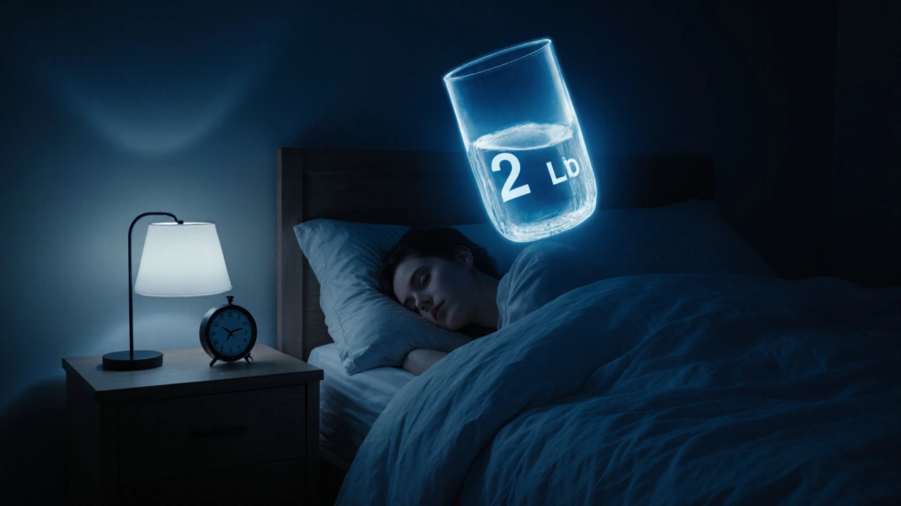 Člověk spí v posteli, zatímco nad ním visí průhledný obraz sklenice s lihovinou.