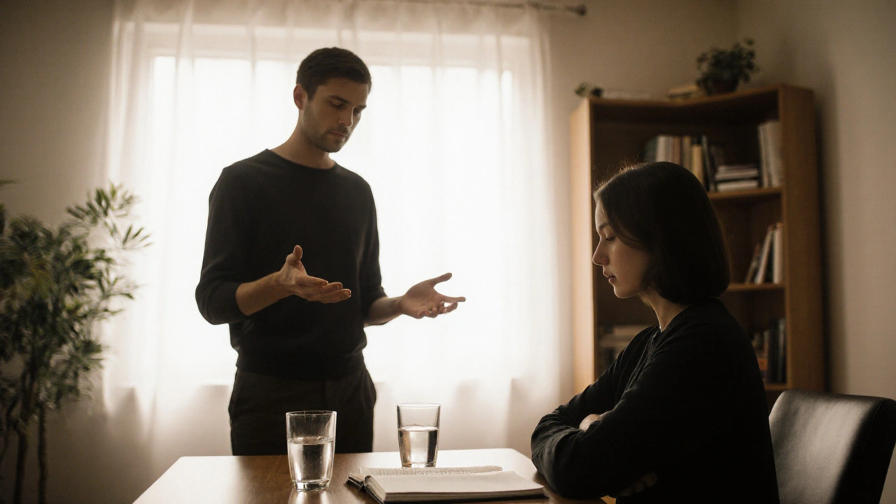 Dva lidé v kanceláři terapeuty, jeden s otevřenými rukama, druhý s kříženými pažemi.