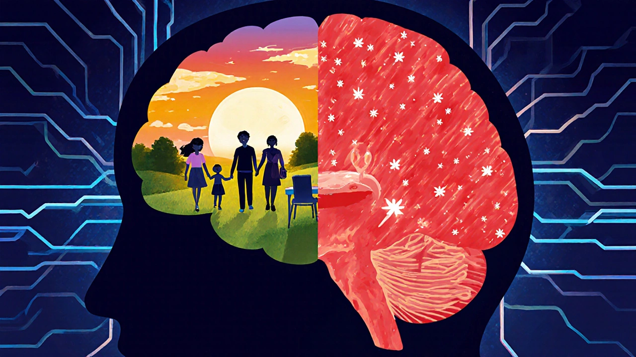 Dvě poloviny mozku: jedna přirozeně živá, druhá přetížená umělými chemikáliemi.