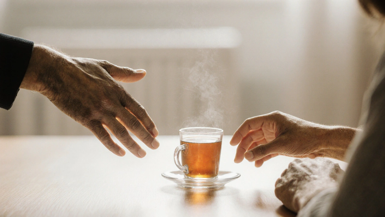 Dvě ruce se blíží k sobě přes stůl v tiché místnosti, mezi nimi šálek čaje.