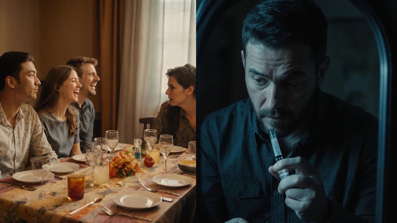 Dvě scény: rodinná večeře napravo a osamělý člověk s drogou vlevo, symbolizující ztrátu vztahů.