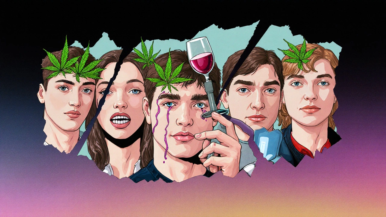 Fractured mirror reflecting five faces distorted by different drugs, symbolizing loss of self.