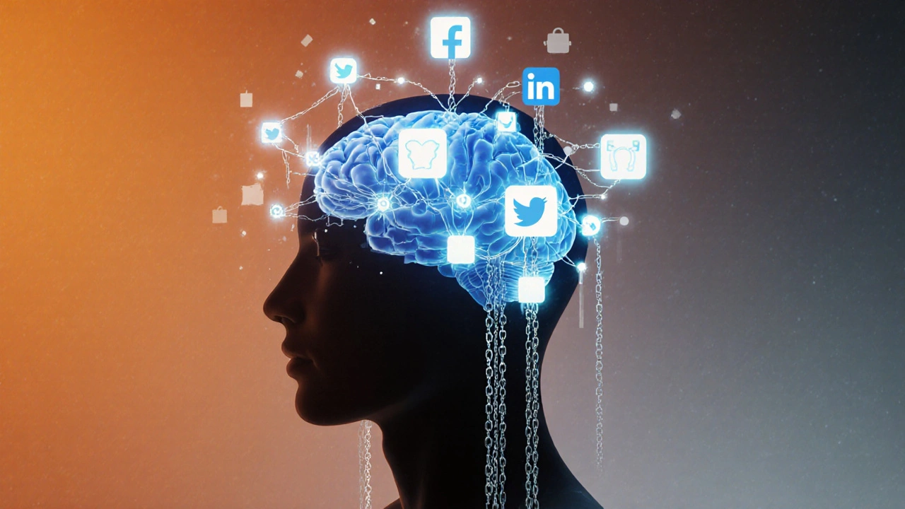 Koncepční obrázek lidského mozku s přetíženými neuronovými cestami a ikonami sociálních sítí jako řetězy.