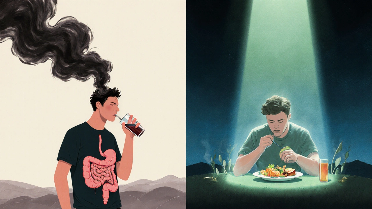 Kontrast mezi pítím na prázdný žaludek a jídlem při alkoholu – symbolické znázornění škody a ochrany.