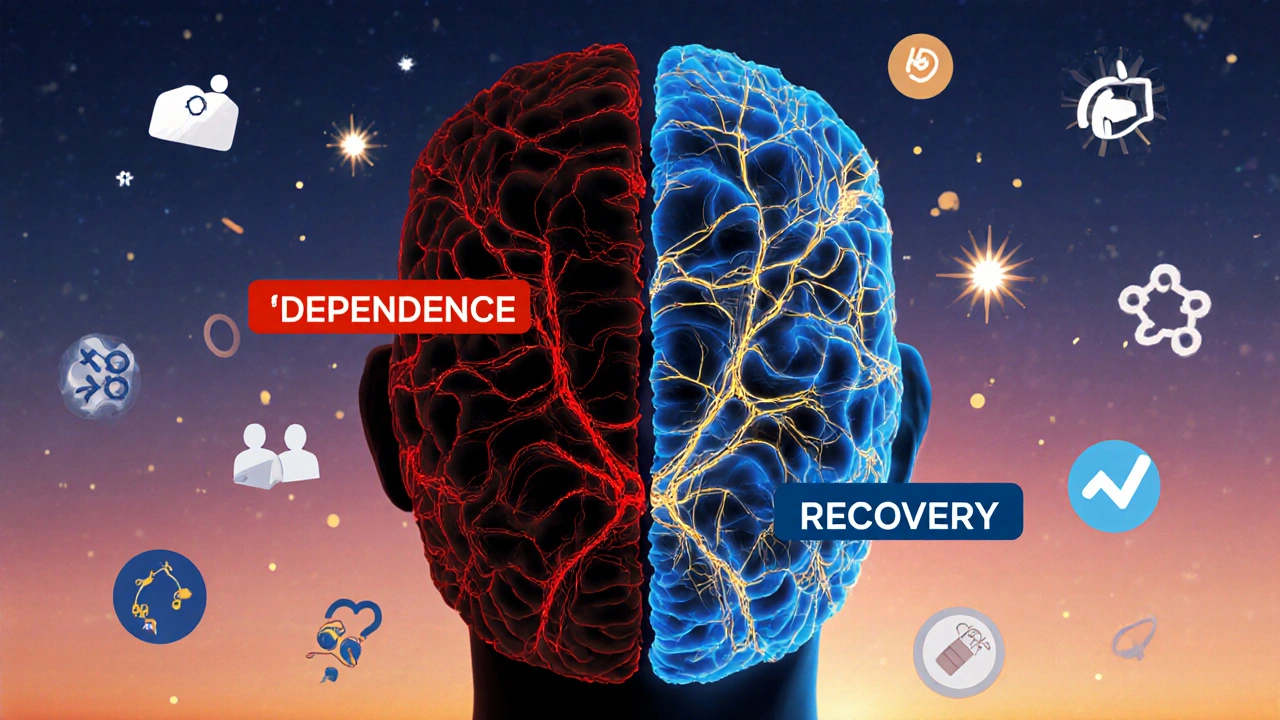 Lidský mozek s částí poškozenou závislostí a částí obnovenou léčbou, symbolizující neurologické uzdravení.