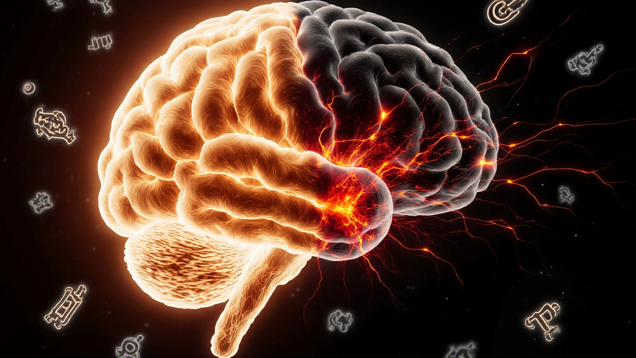 Lidský mozek s jednou polovinou zdravé aktivity a druhou polovinou narušené nervové aktivity.