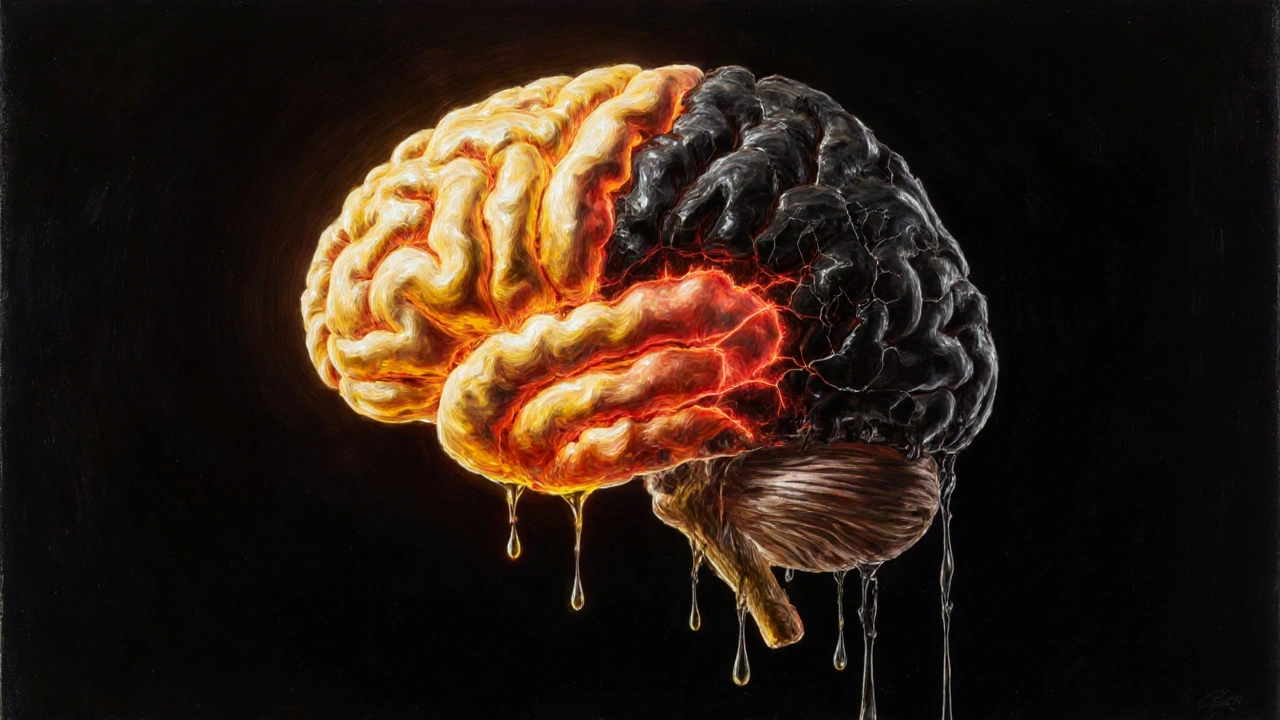 Lidský mozek s jednou polovinou zdravou a druhou ničenou drogami.