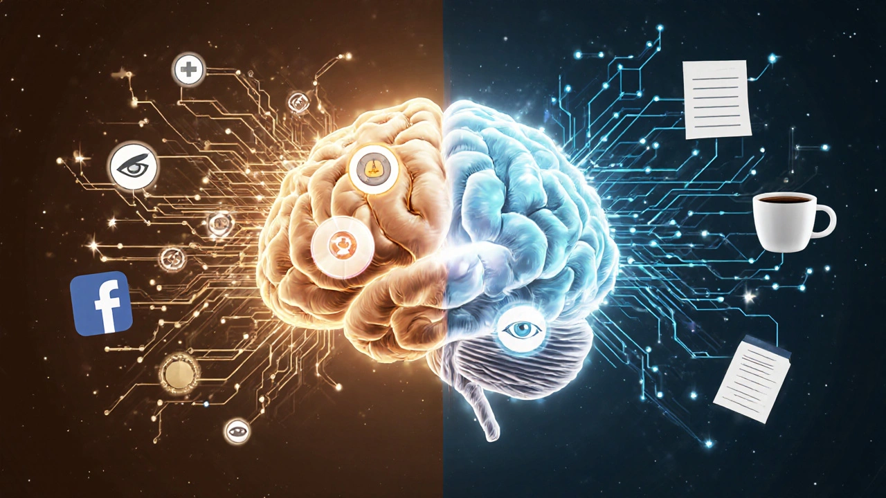 Mozek rozdělený na část s digitálními podněty a část s reálnými chvílemi.