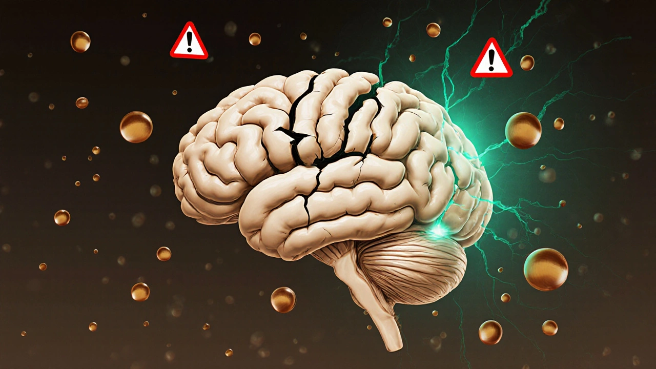 Mozek s poškozenými nervovými dráhami a pomalu se hojícími oblastmi.