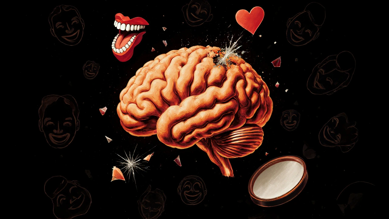 Mozek se mění v popel, kolem něj plavou zuby, srdce a zrcadlo.