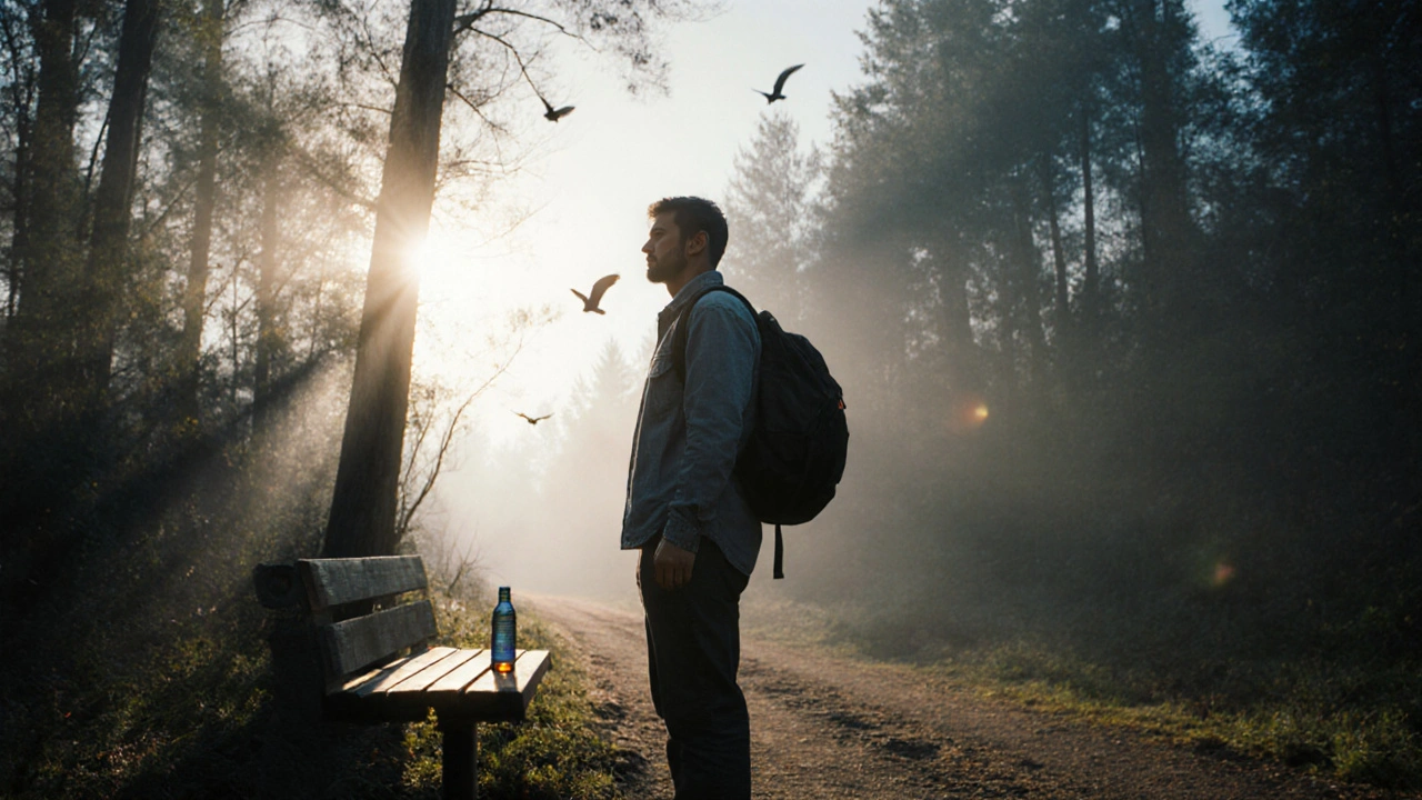 Muž stojí na stezce v lese při východě slunce, za ním stín láhve, vpředu světlo a příroda.