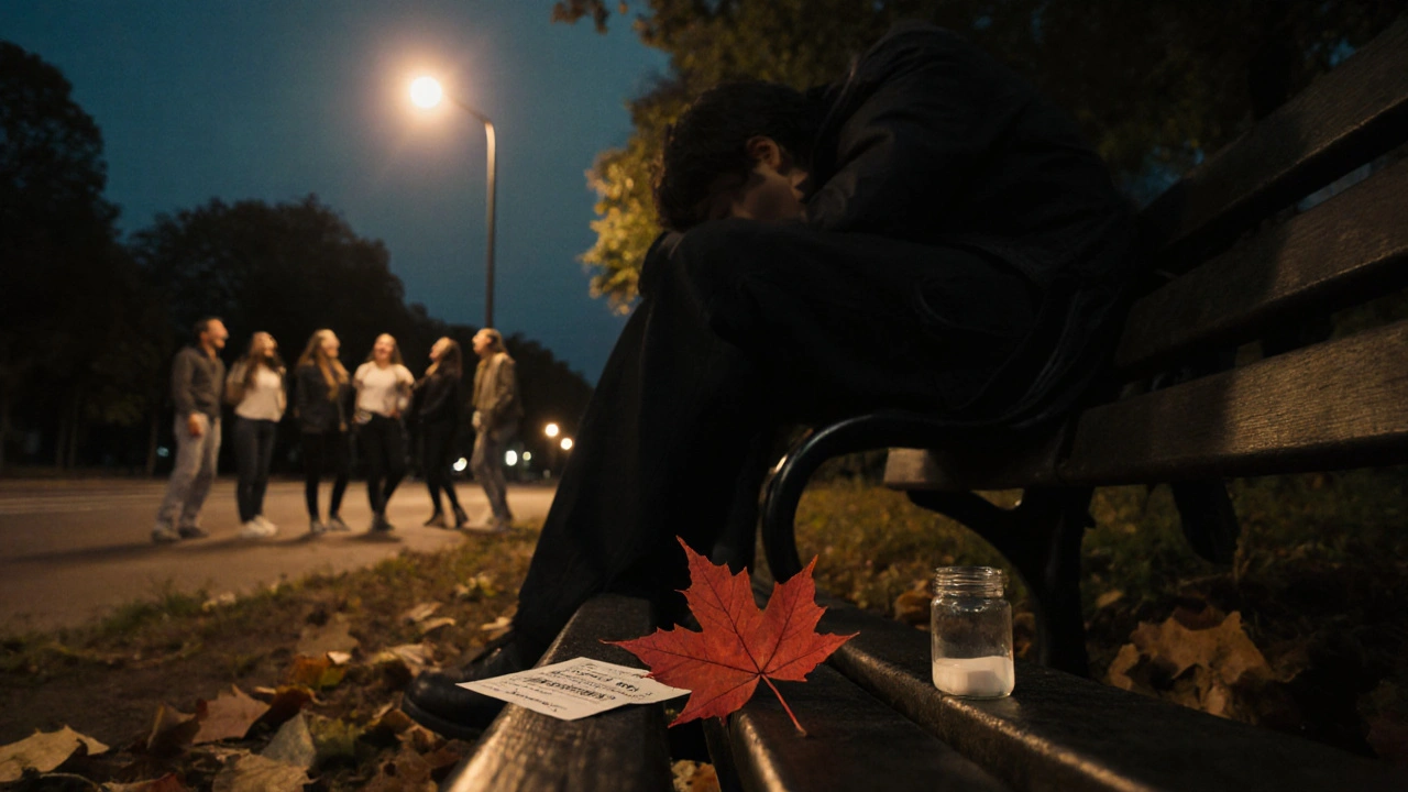 Osoba sedící na lavičce v parku, osamělá, zatímco v dálce se smějí přátelé.