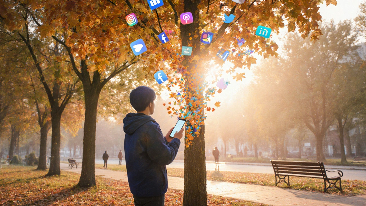 Osoba v parku se telefonem, který se mění v listy pod zlatým sluncem.