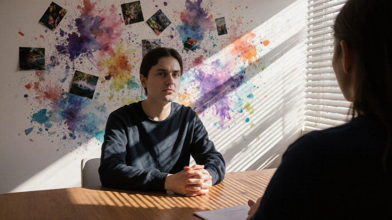 Osoba v terapeutické kanceláři během kognitivně-behaviorální terapie, s emocionálními stíny na pozadí.