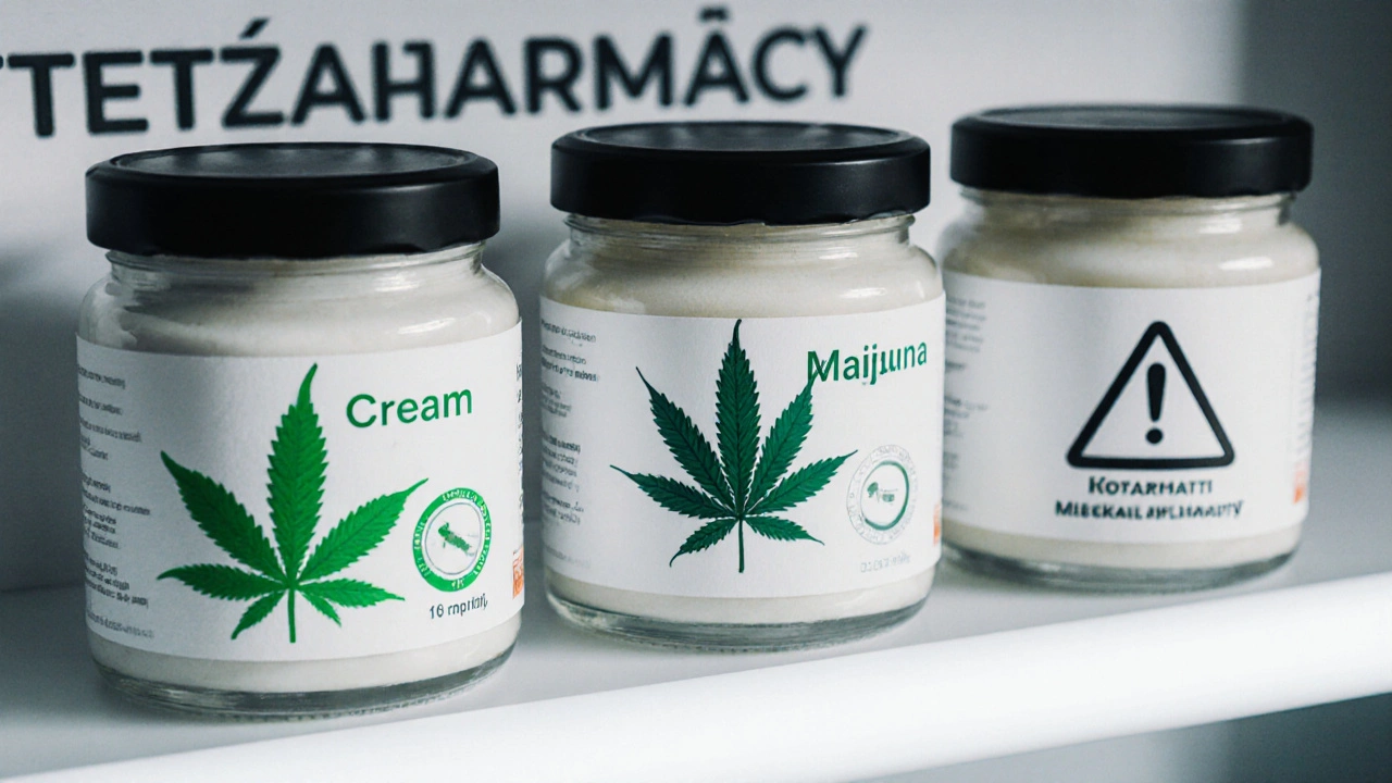 Porovnání CBD krému, masti z marihuany a neoznačeného produktu na lékárně.