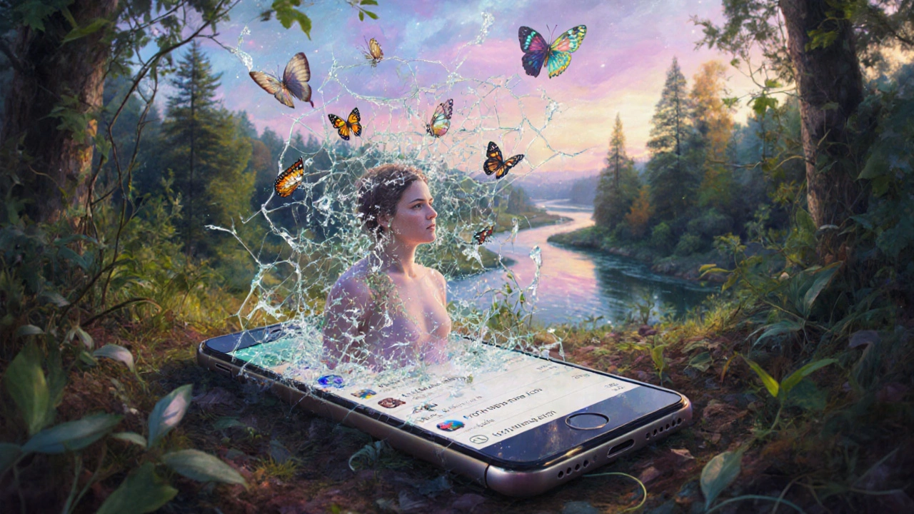 Postava vystupuje z rozbitého telefonu, který se mění v motýly a rostliny.