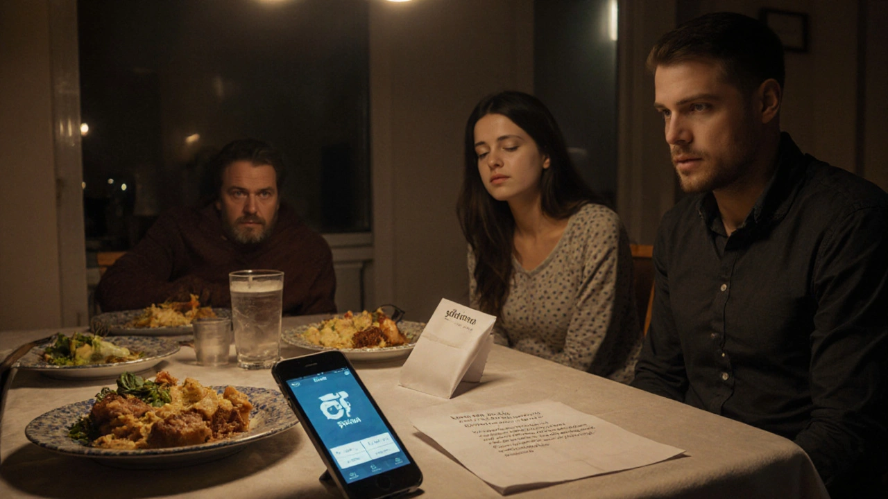 Rodinná večeře, kde jedno místo je prázdné, zatímco na stole leží skrytý telefon s sázkovou aplikací a nezaplacené účty.