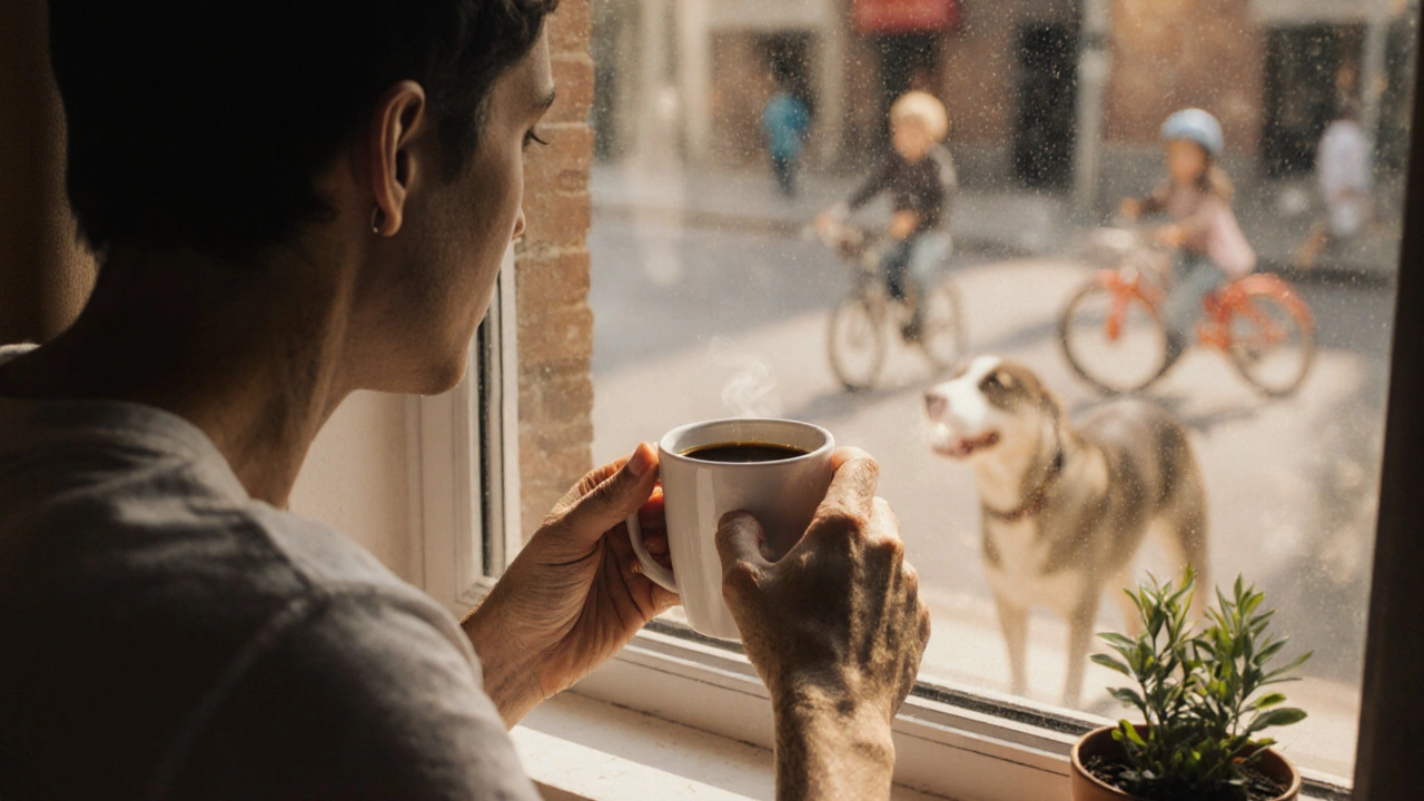 Ruce drží kávu, v odrazu okna je klidná tvář a venku se žije běžný život.