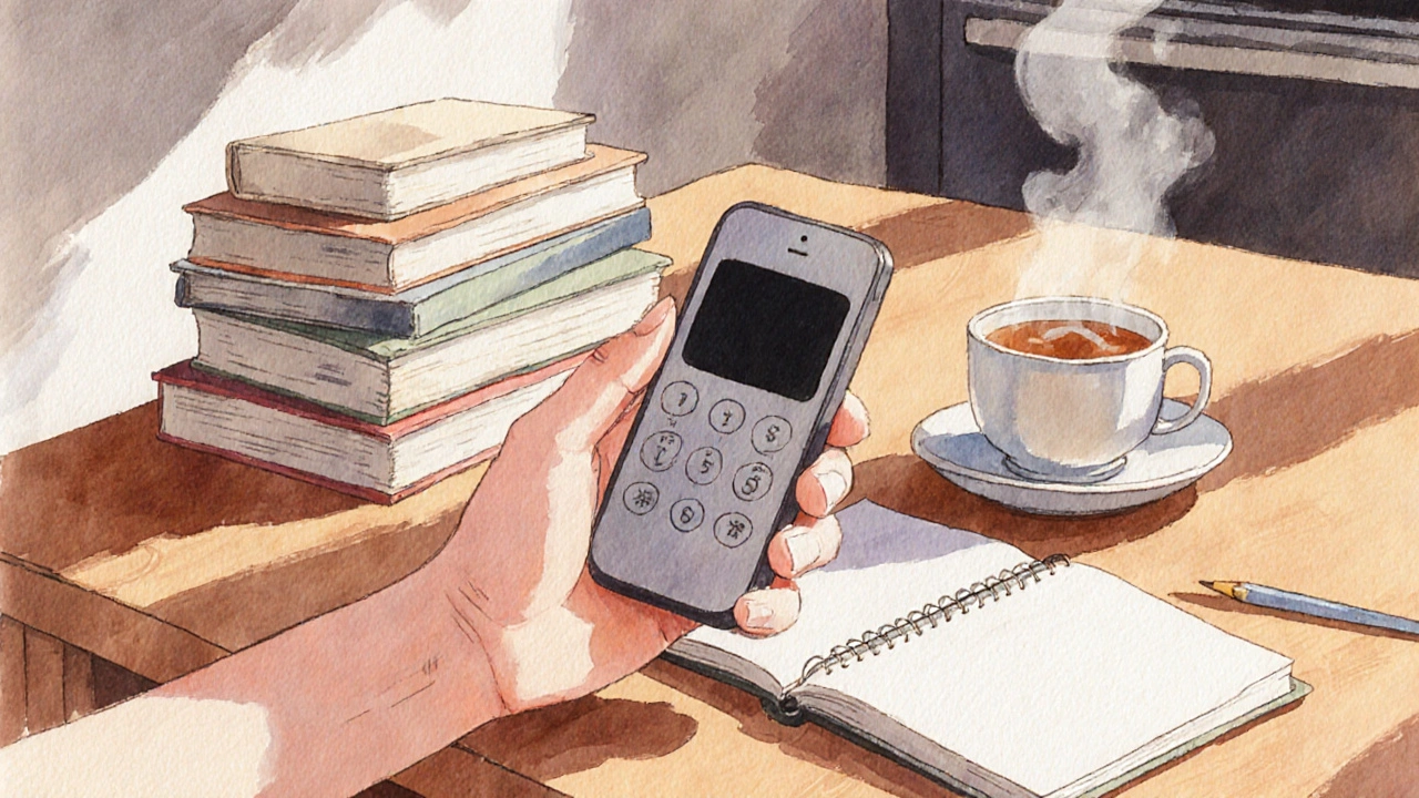 Ruka drží starý telefon bez internetu vedle knih a kreslení v kuchyni.